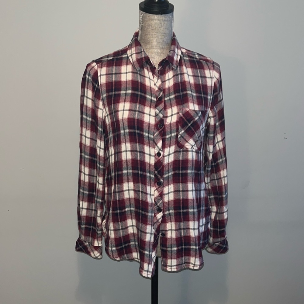 Beach Lunch Lounge Flannel
Shirt Women Size S/P Plaid Collared Button Up